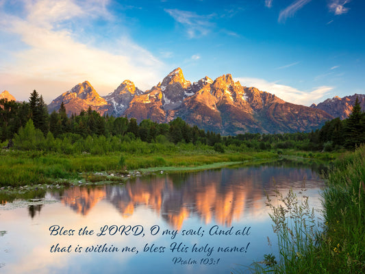 Psalm 103:1 Christian Inspirational Wall Art, Bless the Lord O My Soul, Scripture Canvas, Grand Teton Sunrise Photography, Customization