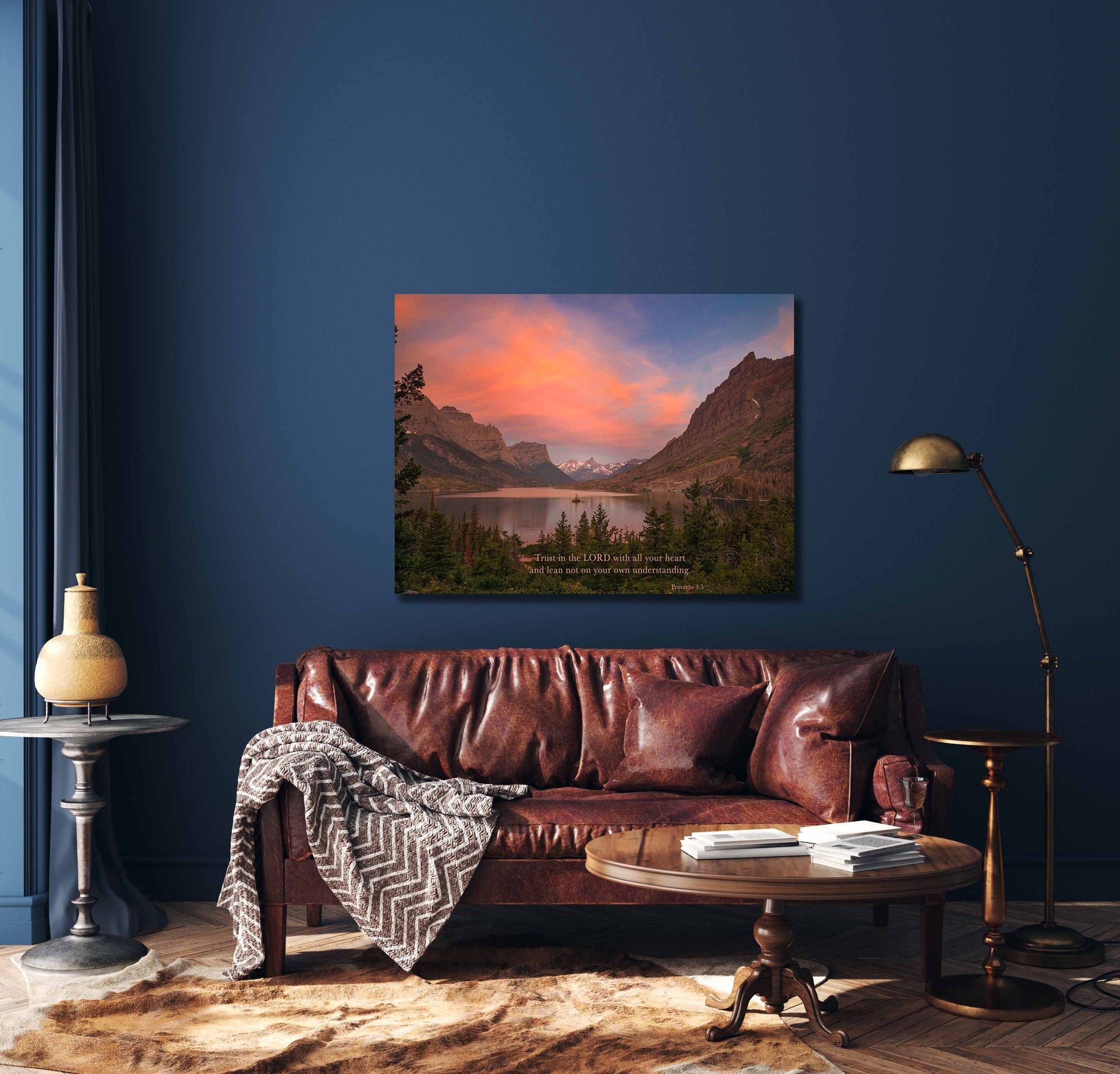 Proverbs 3:5 Christian Inspirational Wall Art, Trust in the Lord Scripture Canvas, Glacier National Park Sunrise Photography, St Marys Lake