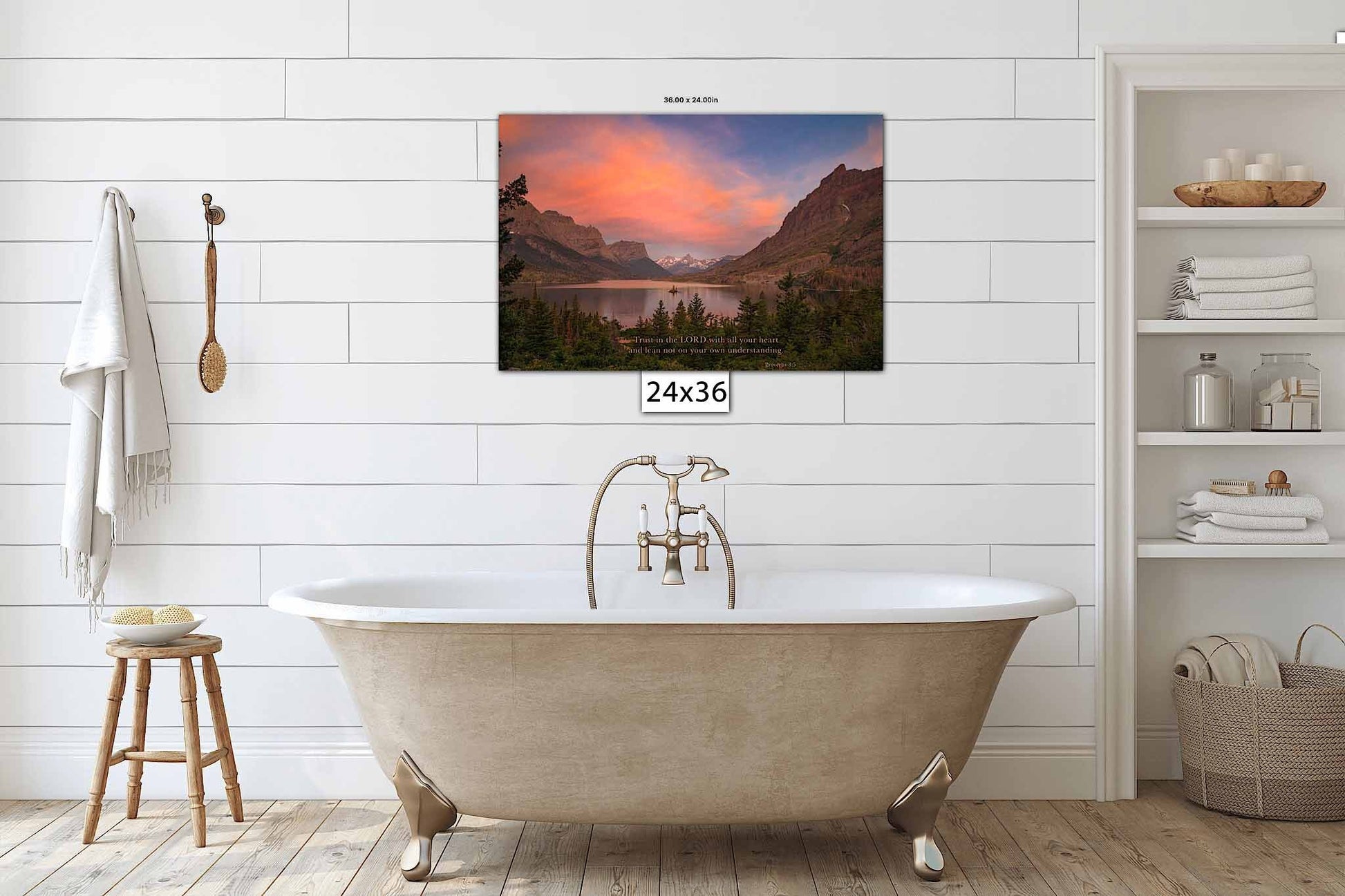 Proverbs 3:5 Christian Inspirational Wall Art, Trust in the Lord Scripture Canvas, Glacier National Park Sunrise Photography, St Marys Lake