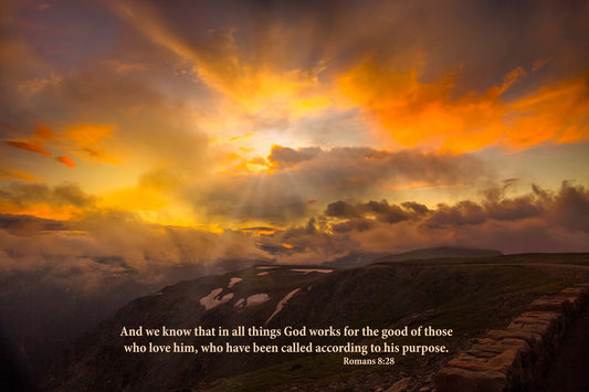 Romans 8:28 Christian Inspirational Wall Art, Rocky Mountain National Park Mountain Sunset, Colorado Landscape Photography, Large Canvas