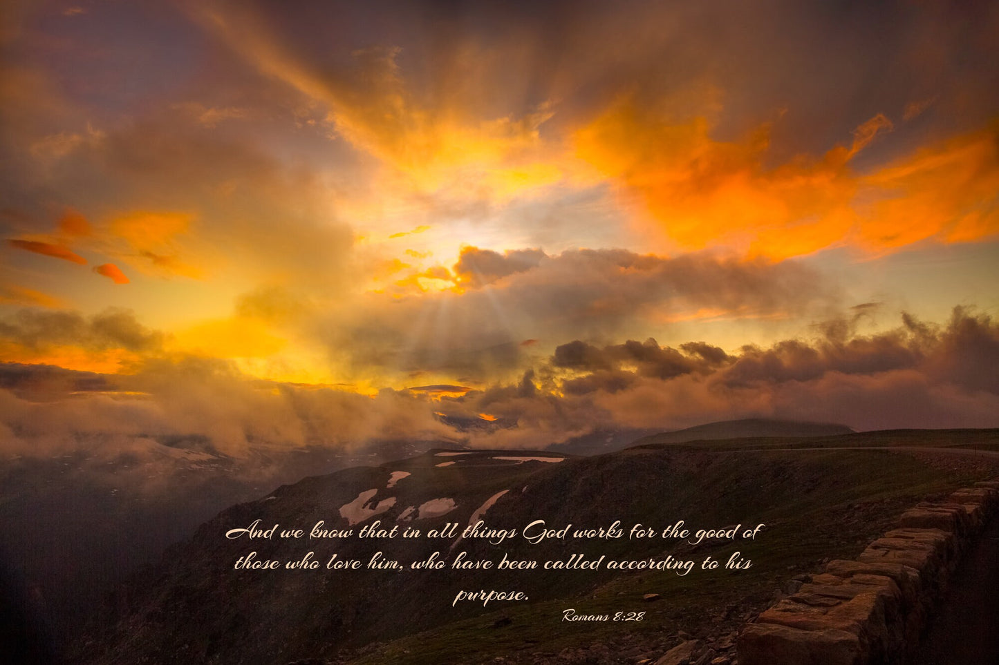 Romans 8:28 Christian Inspirational Wall Art, Rocky Mountain National Park Mountain Sunset, Colorado Landscape Photography, Large Canvas