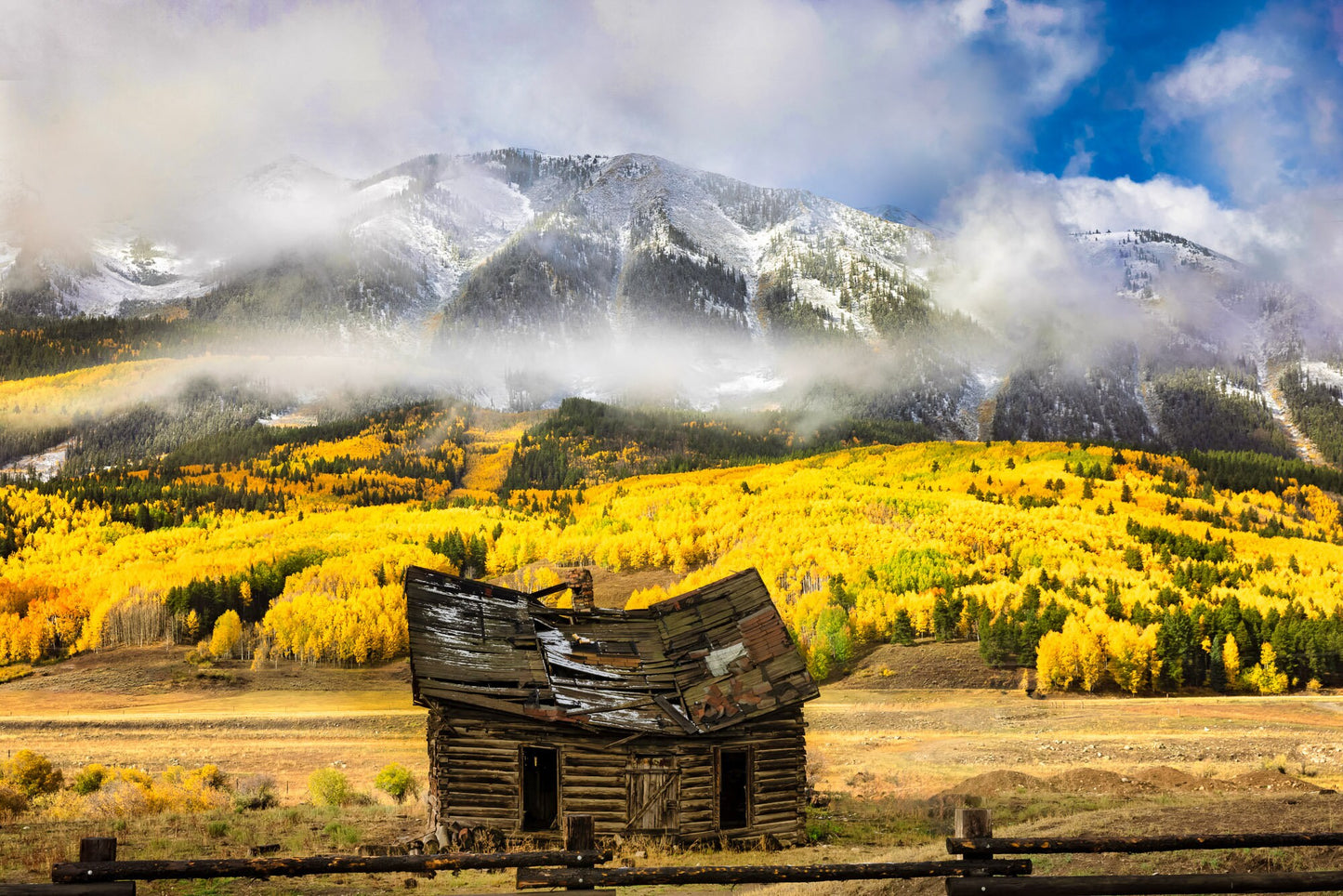 Old Barn and Snowy Mountain Peak, Colorado Autumn Aspens Art, Crested Butte Photo Landscape Print, Nature Large Canvas Beautiful Scenery