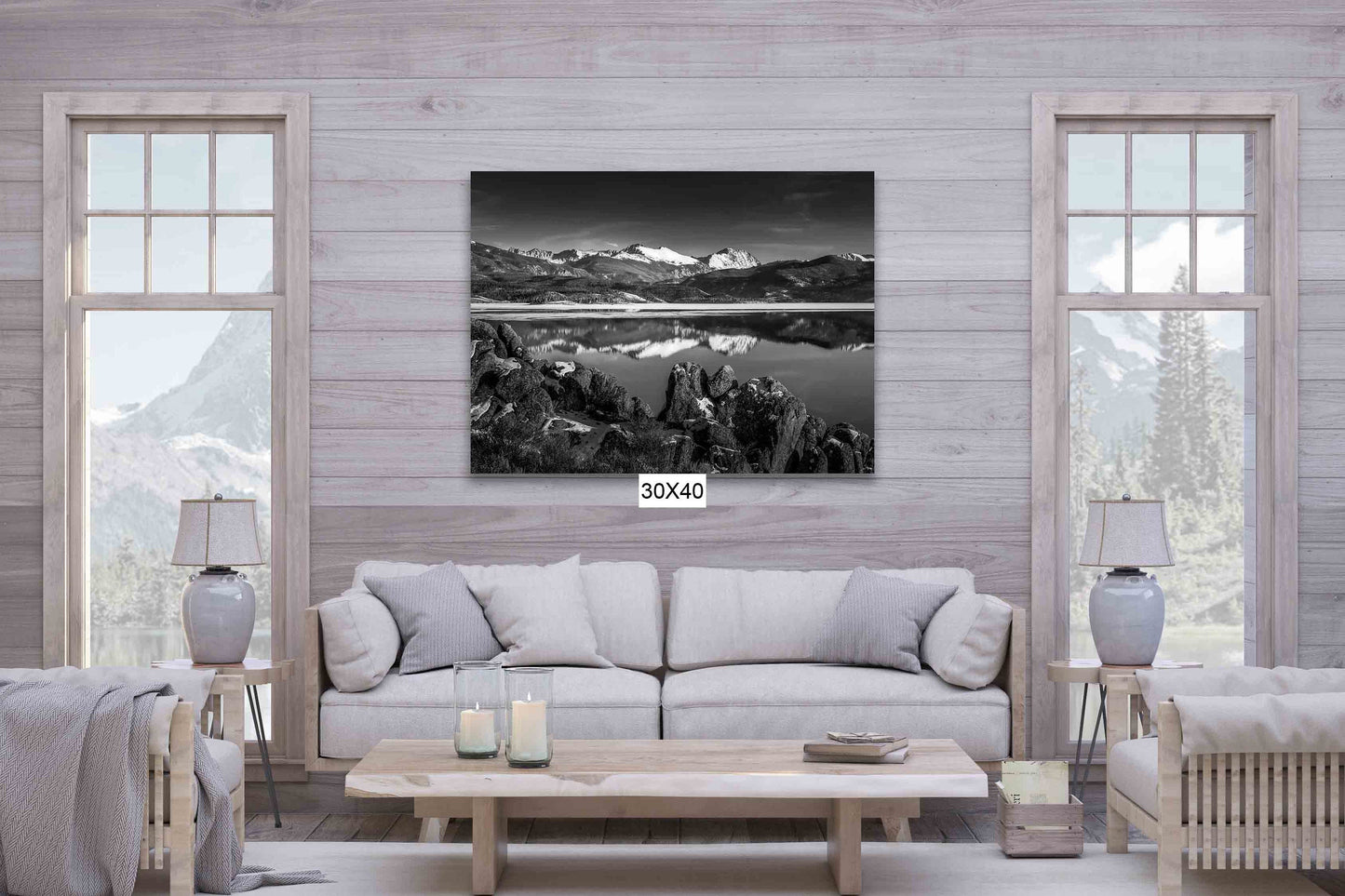 Grand Lake Reflection Black and White Rocky Mountain National Park photo, Snowy Colorado Landscape Winter print, Canvas Nature Wall Art