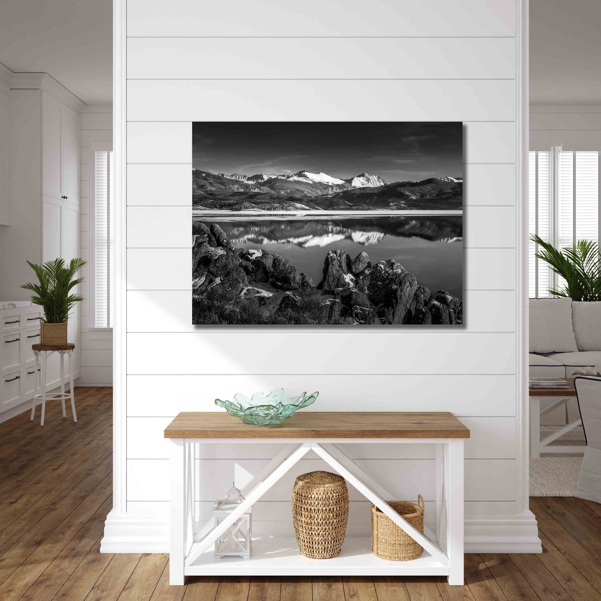 Grand Lake Reflection Black and White Rocky Mountain National Park photo, Snowy Colorado Landscape Winter print, Canvas Nature Wall Art