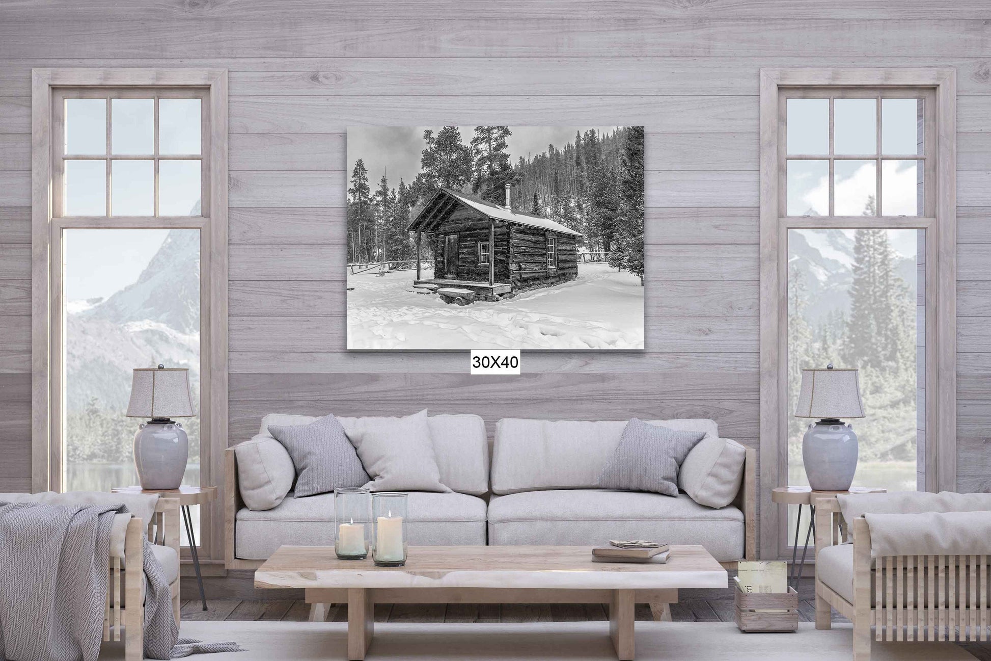 Cabin in Snow Rocky Mountain National Park Black White Print, Colorado Winter Landscape Photo, Grand Lake Scenery, Large Canvas Wall Art