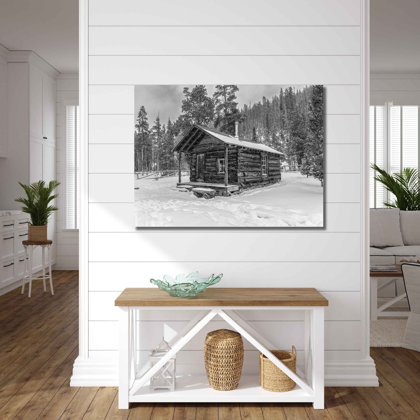 Cabin in Snow Rocky Mountain National Park Black White Print, Colorado Winter Landscape Photo, Grand Lake Scenery, Large Canvas Wall Art