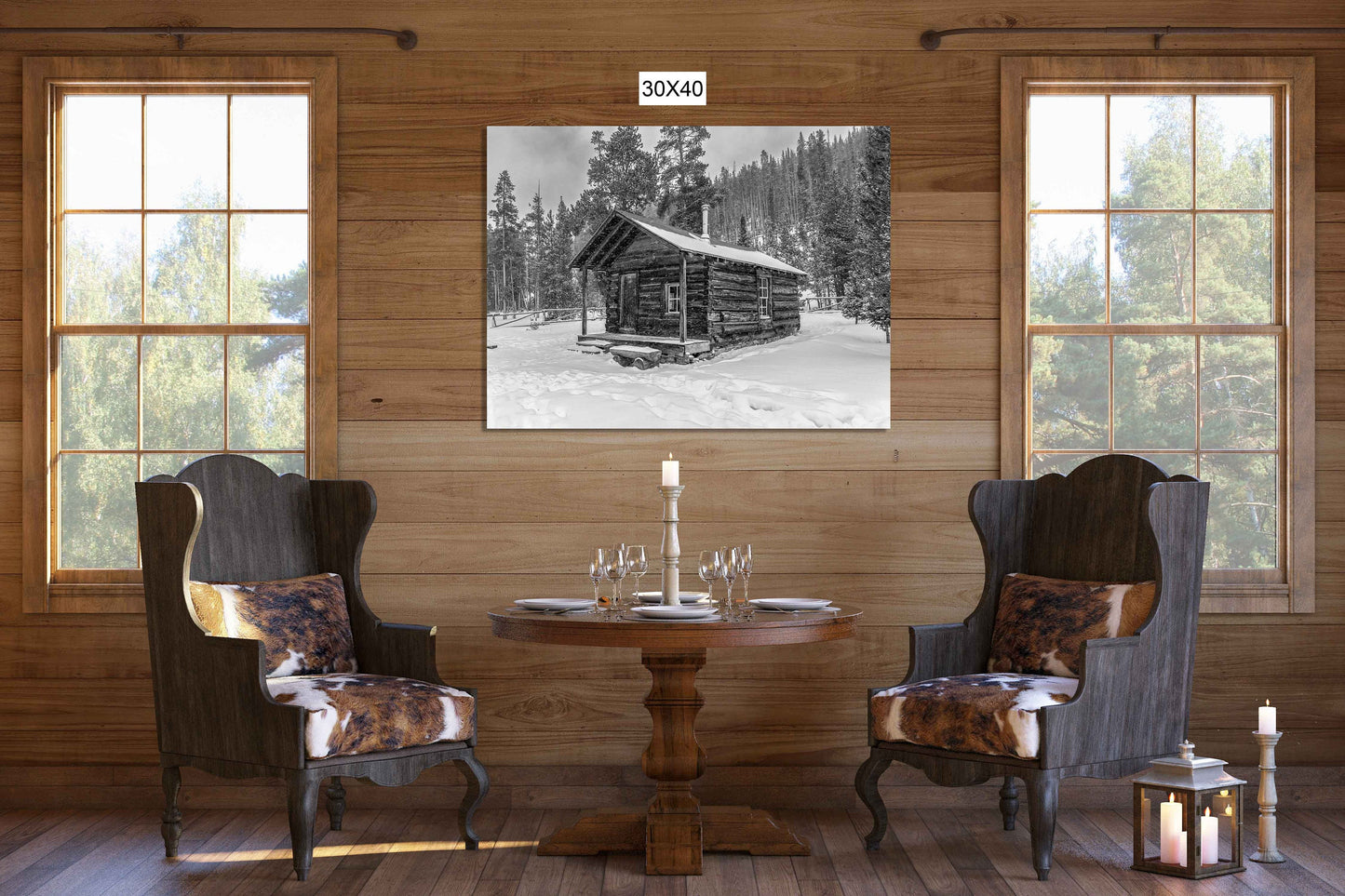 Cabin in Snow Rocky Mountain National Park Black White Print, Colorado Winter Landscape Photo, Grand Lake Scenery, Large Canvas Wall Art