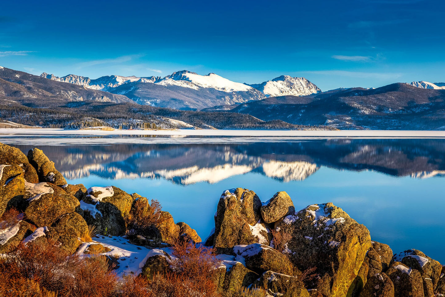 Grand Lake Reflection Rocky Mountain National Park photo, Snowy Colorado Landscape Winter print, Canvas Nature Wall Art