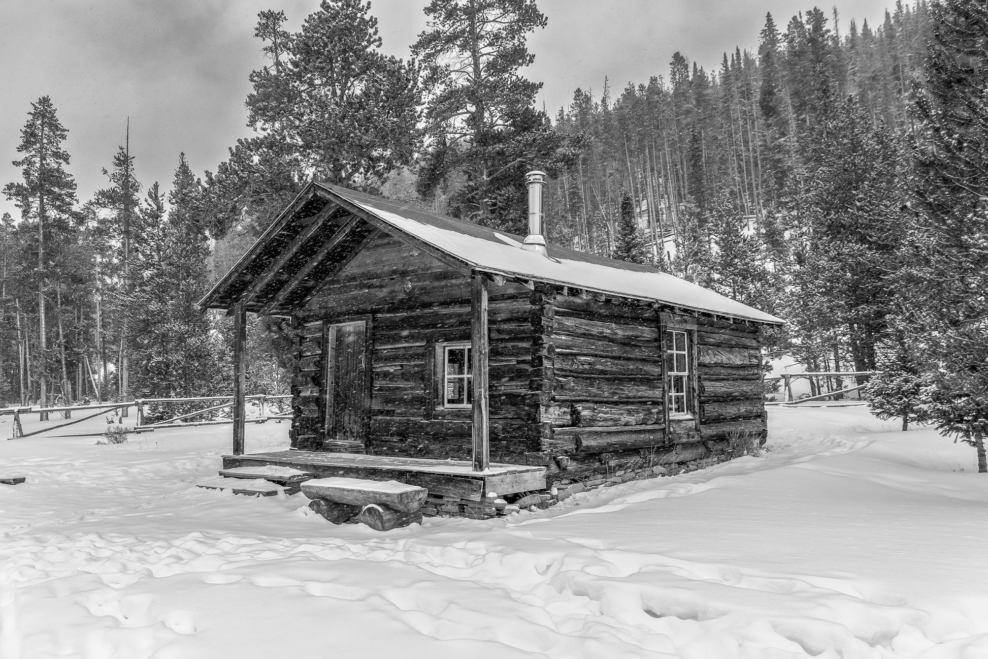 Cabin in Snow Rocky Mountain National Park Black White Print, Colorado Winter Landscape Photo, Grand Lake Scenery, Large Canvas Wall Art