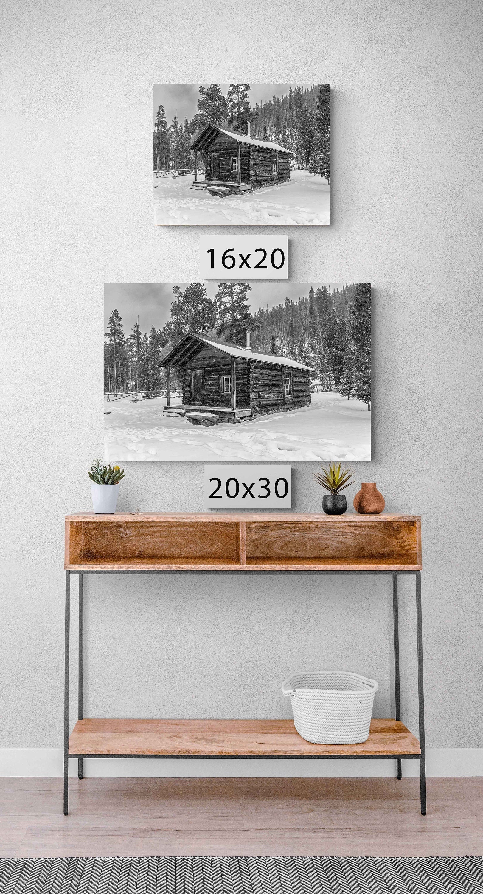 Cabin in Snow Rocky Mountain National Park Black White Print, Colorado Winter Landscape Photo, Grand Lake Scenery, Large Canvas Wall Art