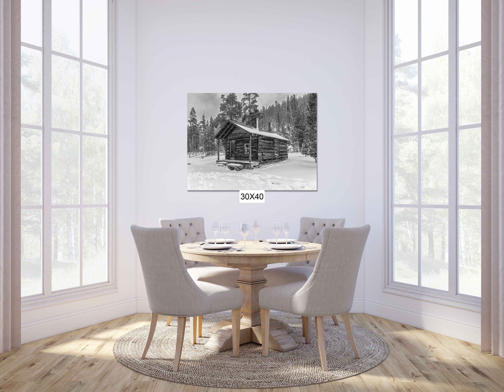 Cabin in Snow Rocky Mountain National Park Black White Print, Colorado Winter Landscape Photo, Grand Lake Scenery, Large Canvas Wall Art