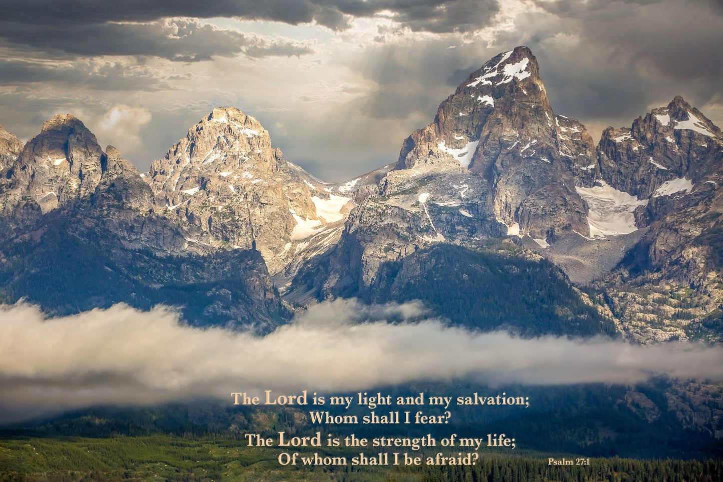 Psalm 27:1 Scripture Print, Christian Inspirational Wall Art, Grand Teton Mountaintop Peaks, The Lord is My Light, Wyoming Landscape