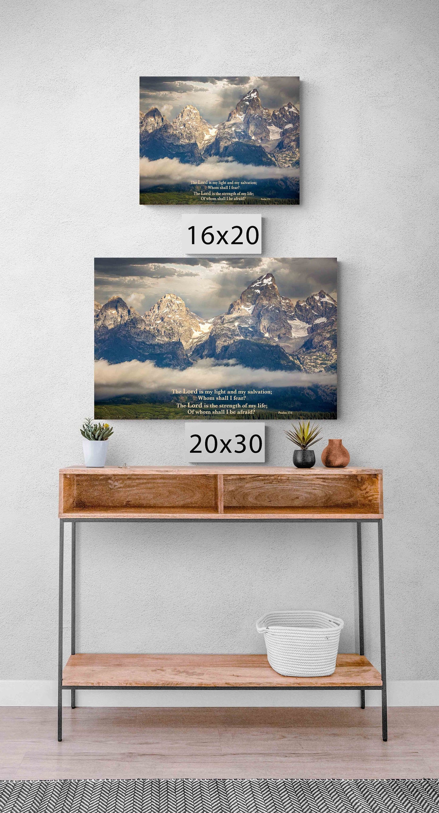 Psalm 27:1 Scripture Print, Christian Inspirational Wall Art, Grand Teton Mountaintop Peaks, The Lord is My Light, Wyoming Landscape