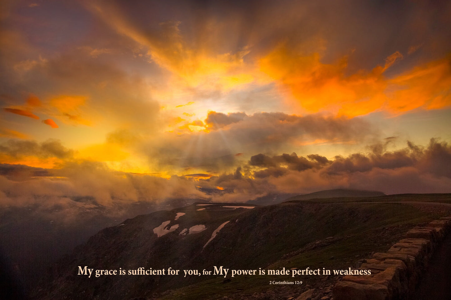 2 Corinthians 12:9 Christian Inspirational Wall Art, Rocky Mountain National Park Mountain Sunset, Colorado Landscape Photography Canvas