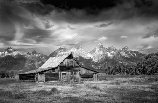 Old Barn Black and White Grand Teton National Park Photo Print, Wyoming Mountain Landscape Print, Large Canvas Wall Art, Historic Decor