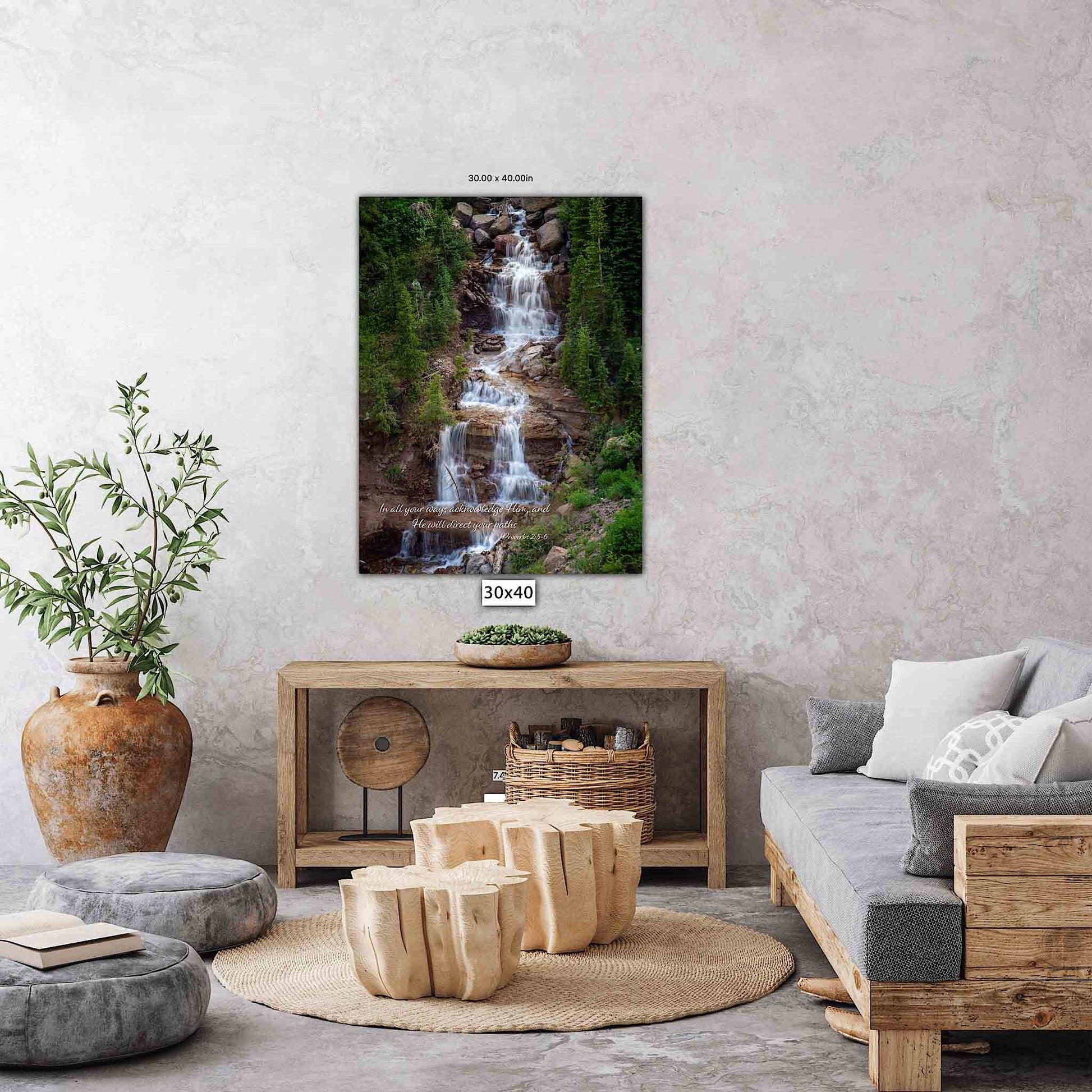 Proverbs 3-6 Scripture Wall Art, Rocky Mountain Waterfall, Christian Inspirational Canvas, Colorado Peaceful Landscape Photography Print