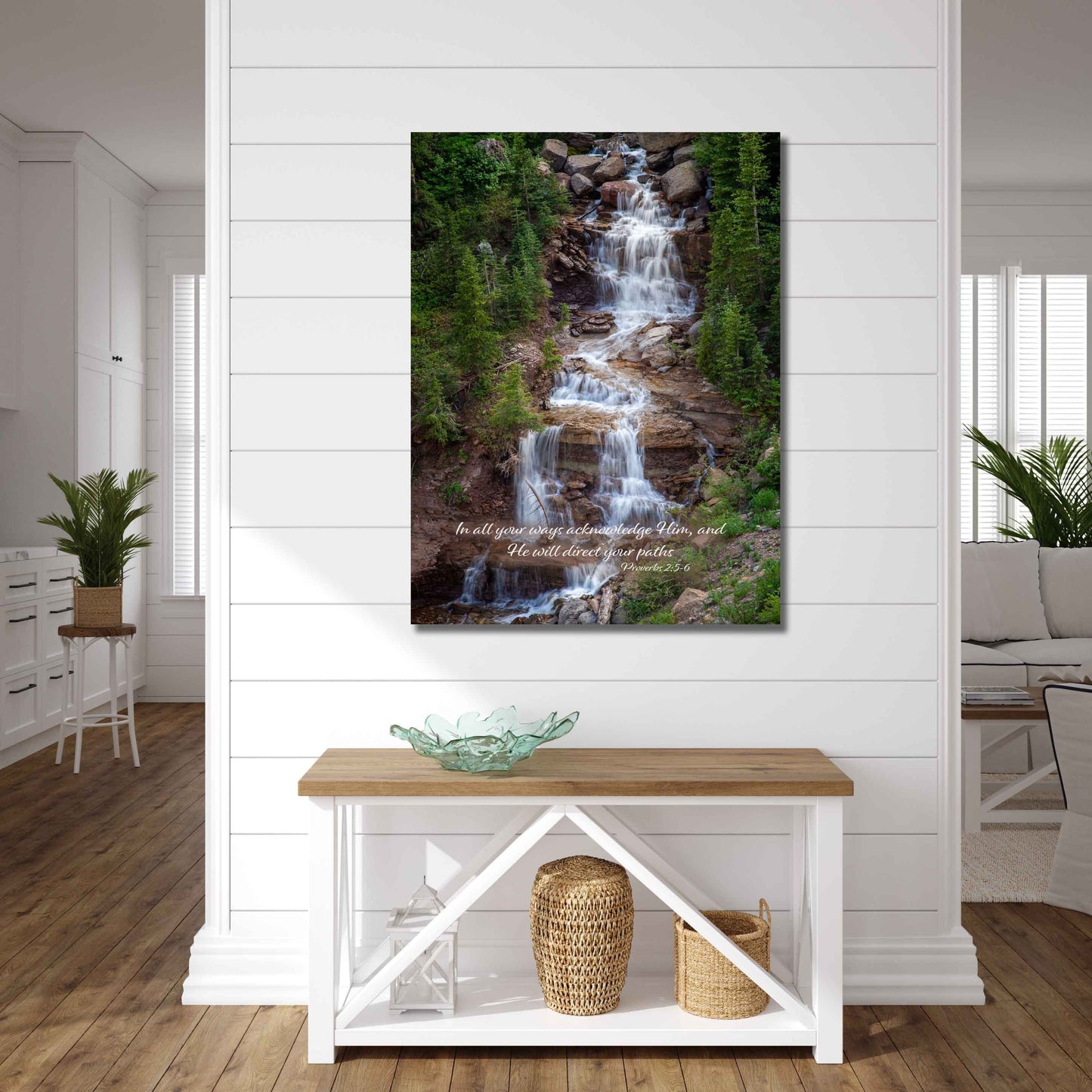 Proverbs 3-6 Scripture Wall Art, Rocky Mountain Waterfall, Christian Inspirational Canvas, Colorado Peaceful Landscape Photography Print