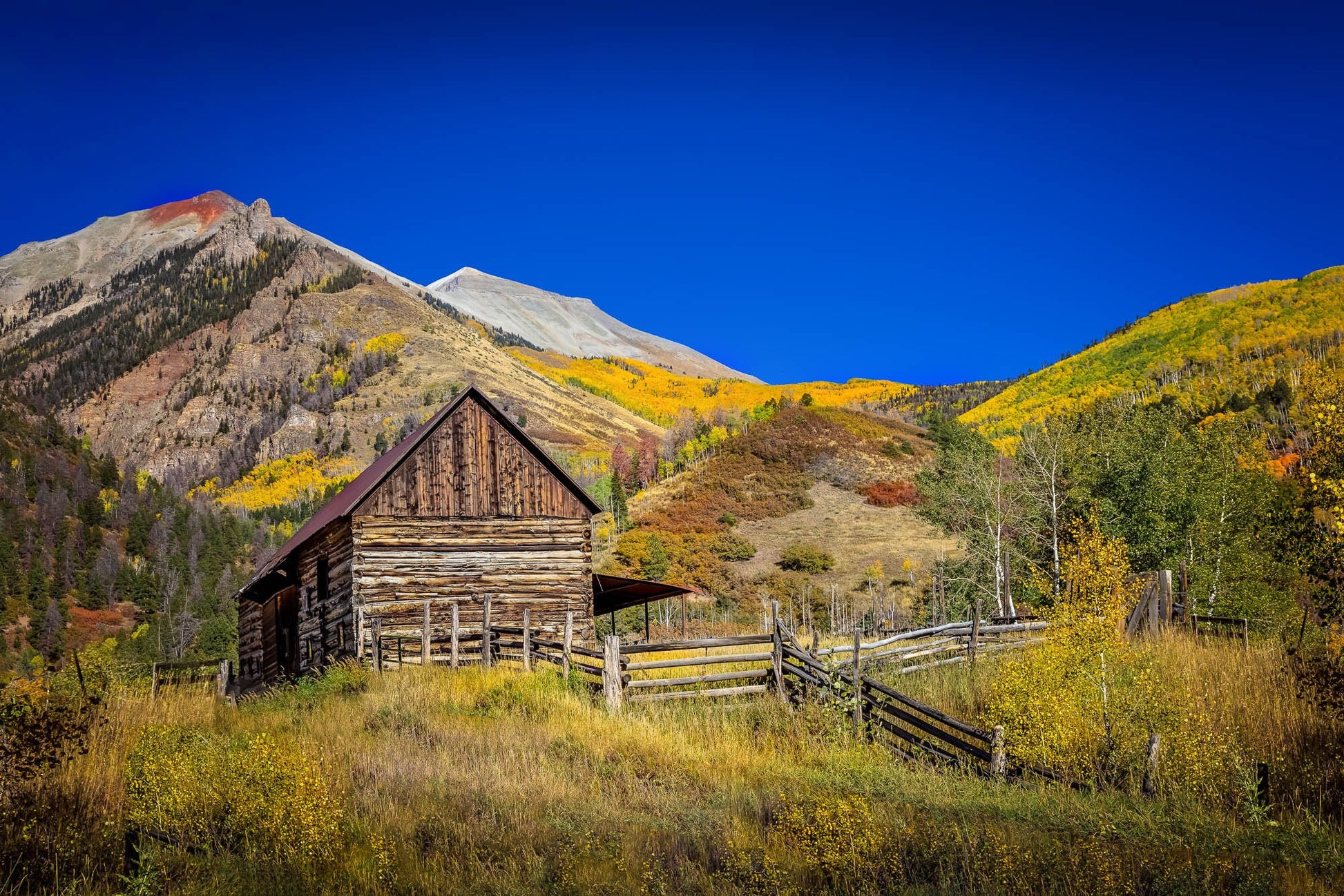 Old Barn Autumn Mountain Landscape Photo, Colorado Golden Aspens, Fall Nature Canvas Print, Rocky Mountain Photography, Large Wall Art