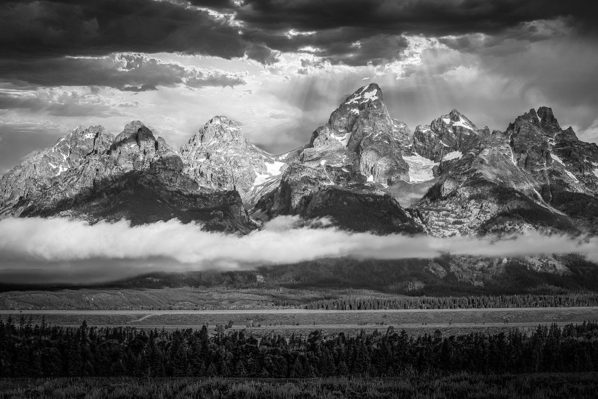 Teton Mountain Range Black and White Landscape Photo, National Park Canvas Print, Wyoming Photography, Large Wall Decor, Original Fine Art