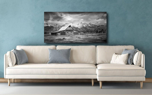 Old Barn Black and White Grand Teton National Park Panoramic Photo Print, Wyoming Mountain Landscape Print, Large Canvas Art, Historic Decor