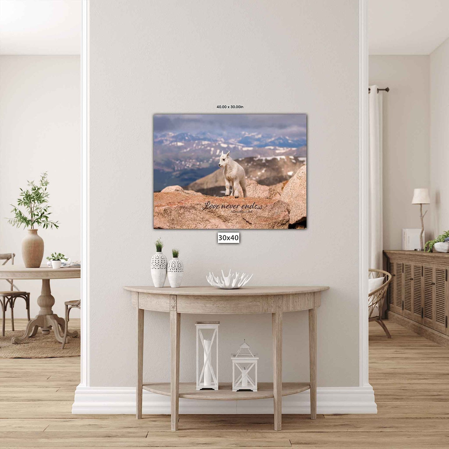 1 Corinthians 13:8 Love Never Ends, Bible Verse Photo, Mountain Goat Baby Scripture Canvas, Christian Inspirational Wall Art, Colorado