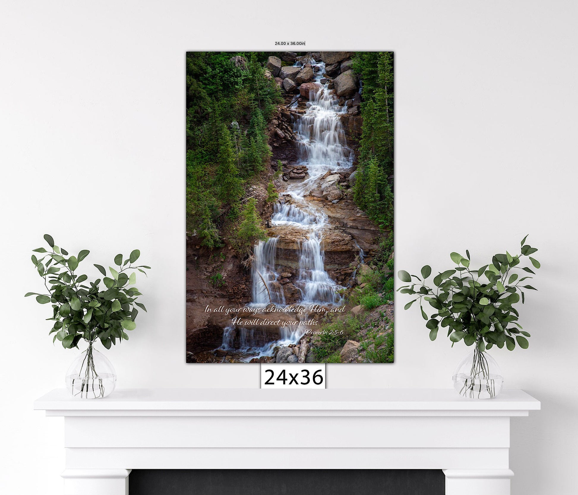 Proverbs 3-6 Scripture Wall Art, Rocky Mountain Waterfall, Christian Inspirational Canvas, Colorado Peaceful Landscape Photography Print