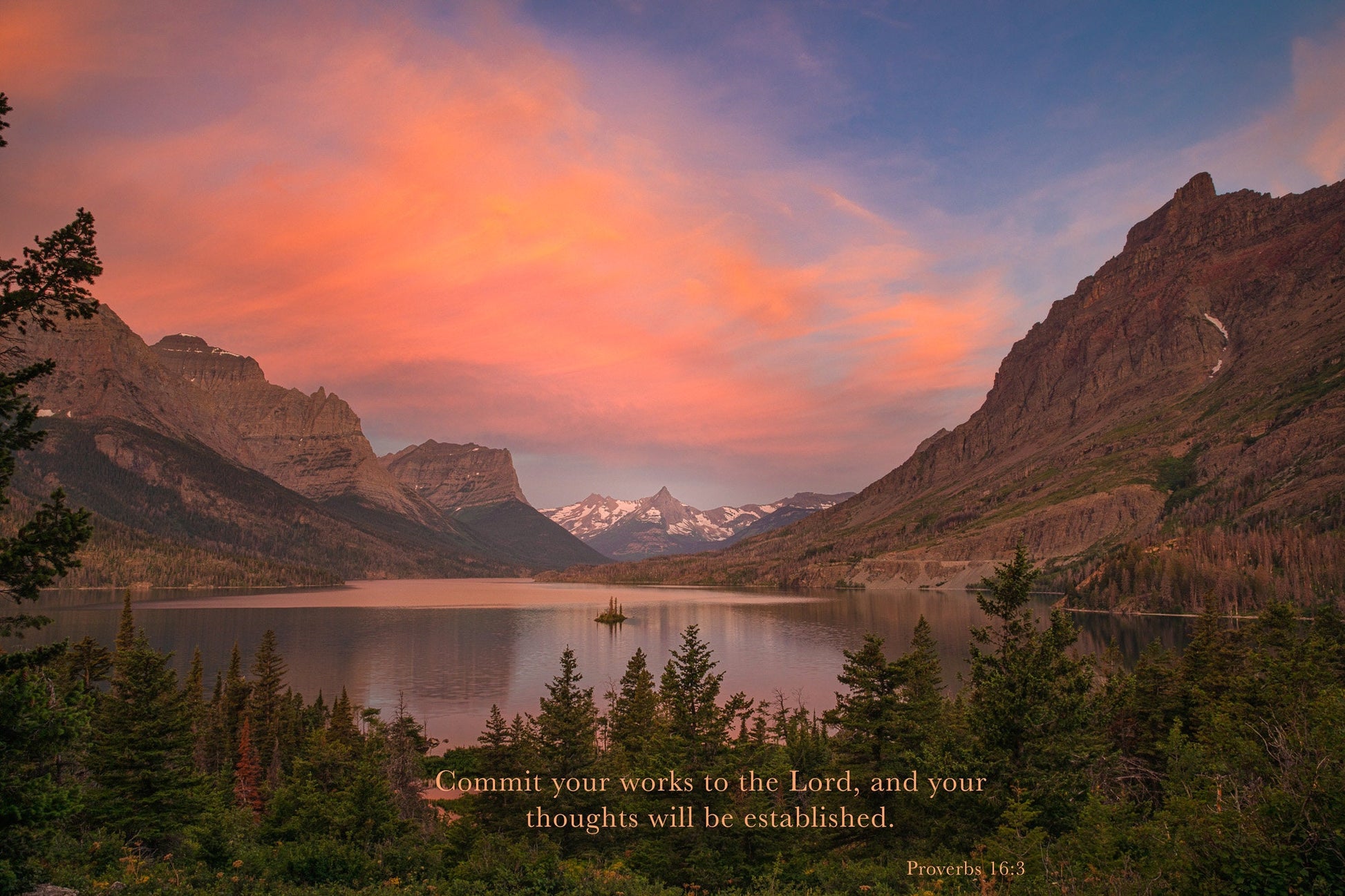 Proverbs 16:3 Christian Inspirational Wall Art, Commit Your Works to the Lord, Scripture Canvas, Glacier National Park Sunrise Photography