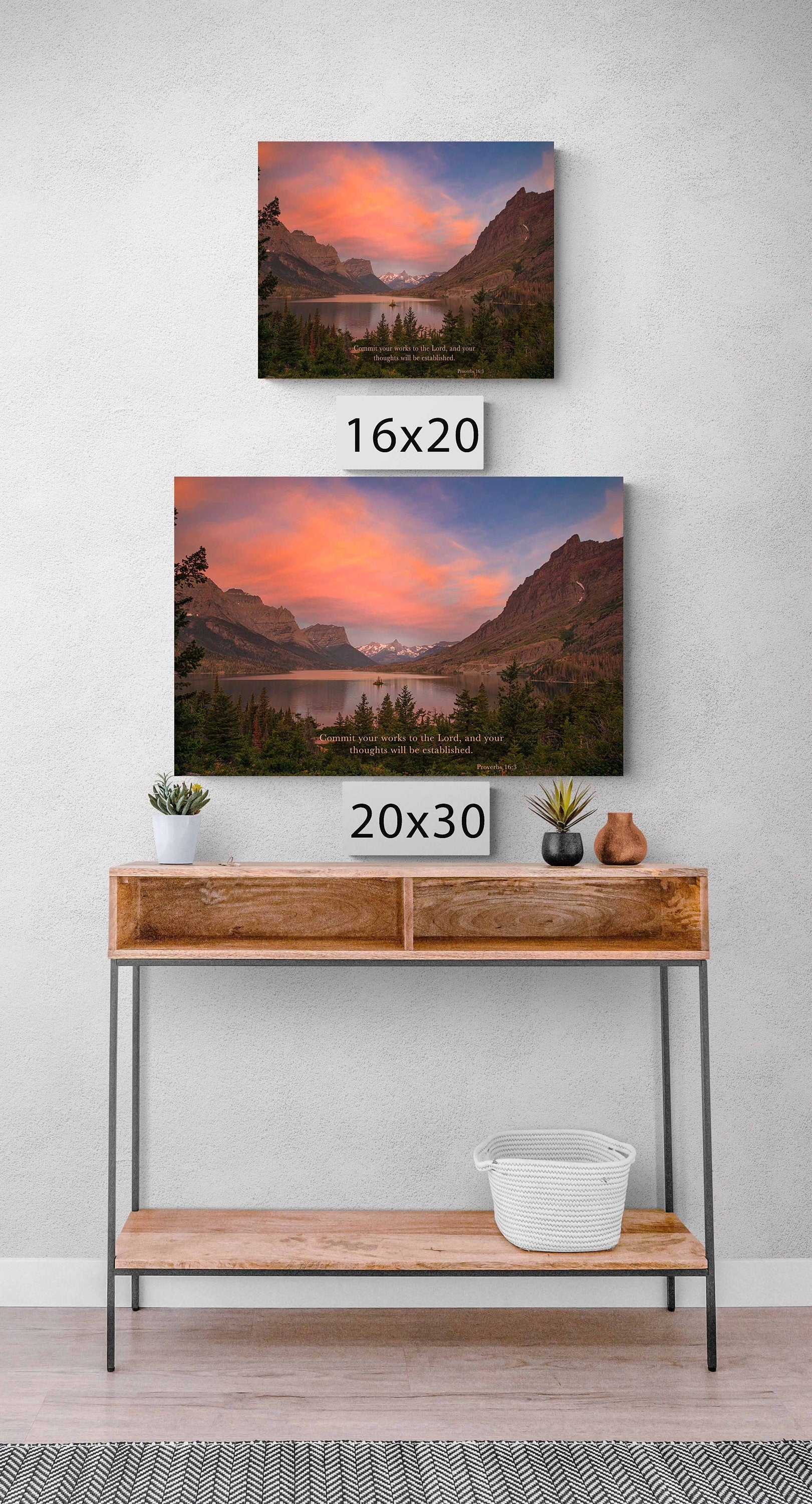 Proverbs 16:3 Christian Inspirational Wall Art, Commit Your Works to the Lord, Scripture Canvas, Glacier National Park Sunrise Photography