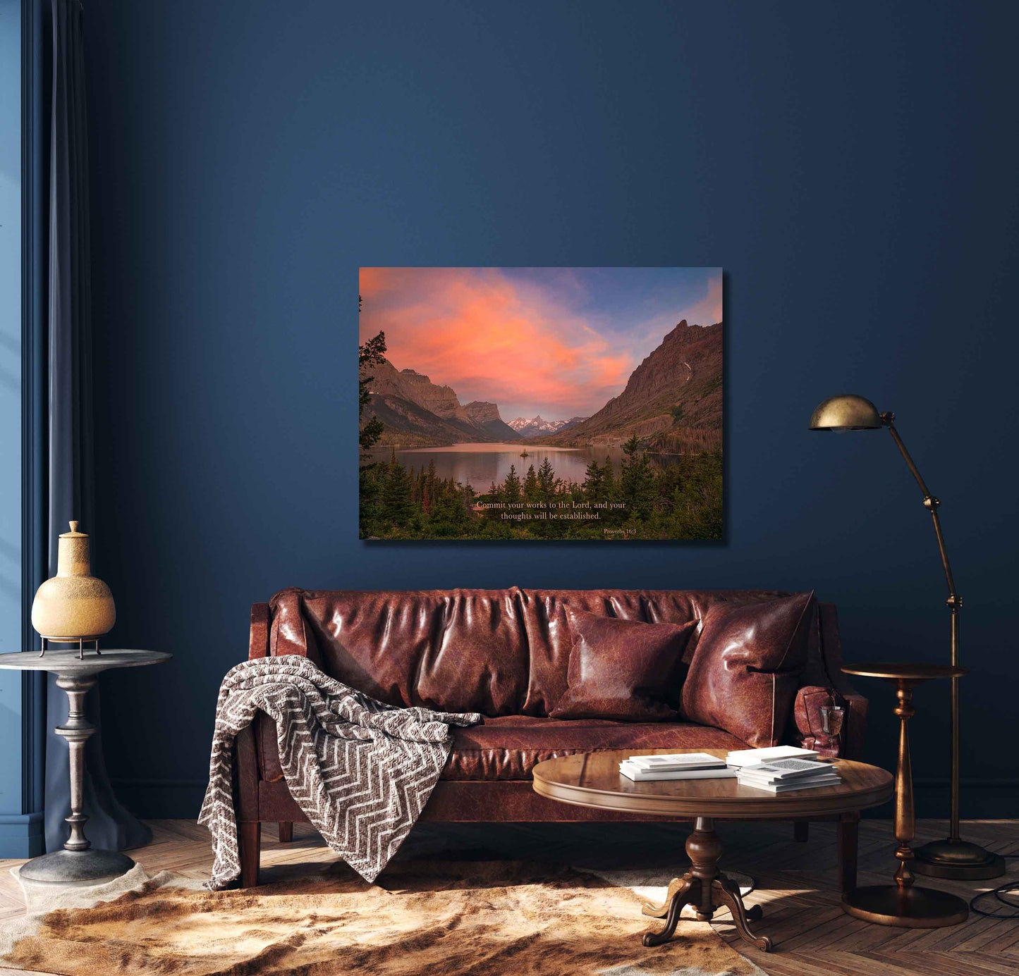 Proverbs 16:3 Christian Inspirational Wall Art, Commit Your Works to the Lord, Scripture Canvas, Glacier National Park Sunrise Photography