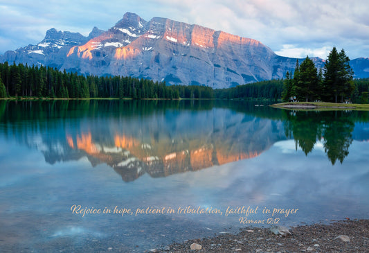 Romans 12:12 Scripture Canvas, Rocky Mountain Scene Bible Verse, Christian Inspirational Wall Art, Canadian Rockies Photo, Rejoice in Hope