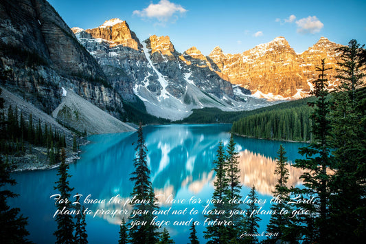 Jeremiah 29:11 Christian Inspirational Wall Art, Scripture Canvas, Moraine Lake Sunrise Photo, I Know the Plans I Have for You, Banff Canada