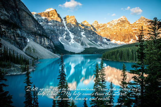 Psalm 121:1-2 Christian Inspirational Wall Art, Scripture Canvas, Moraine Lake Sunrise Photo, My Help Comes From the Lord, Banff Canada