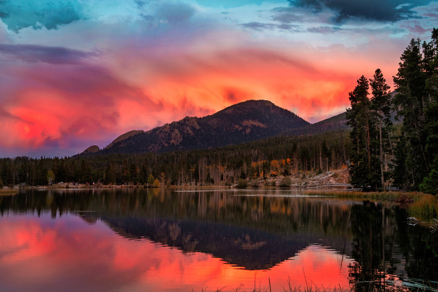 Rocky Mountain National Park Sunset, Sprague Lake in Autumn, Colorado Autumn Landscape Canvas Wall Art, Forest Scene Decor for Home