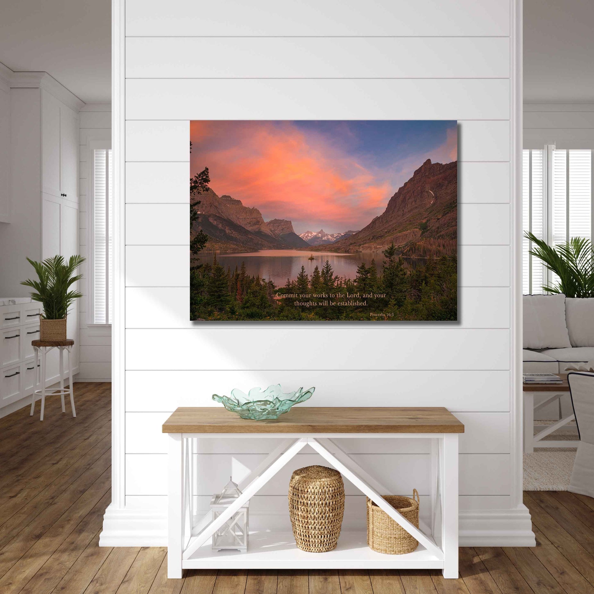 Proverbs 16:3 Christian Inspirational Wall Art, Commit Your Works to the Lord, Scripture Canvas, Glacier National Park Sunrise Photography