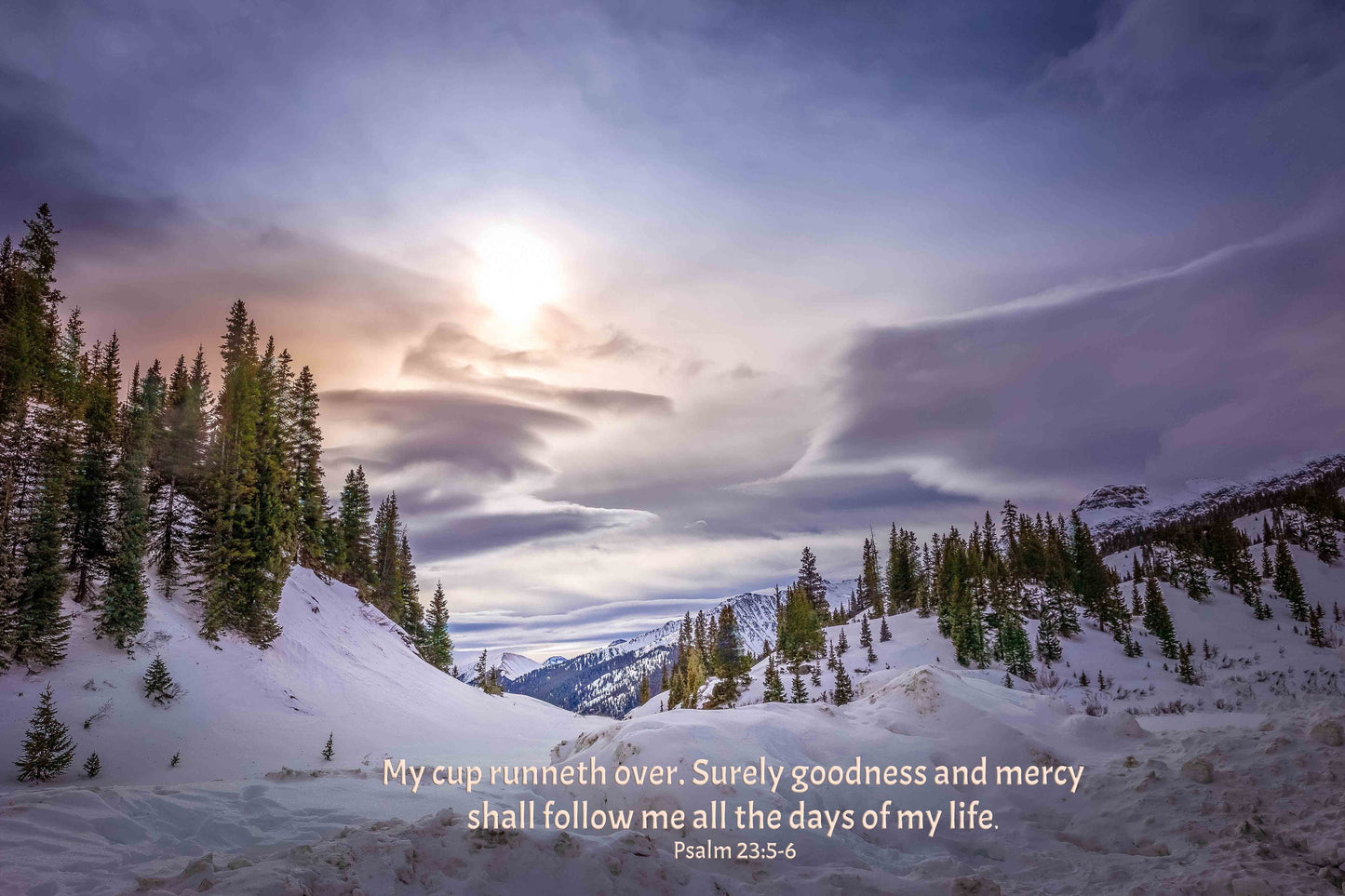 Psalm 23:5-6 Scripture Canvas, Snowy Mountains Scene Bible Verse, Colorado Winter print, Rocky Mountain Landscape Print, Ouray, Silverton