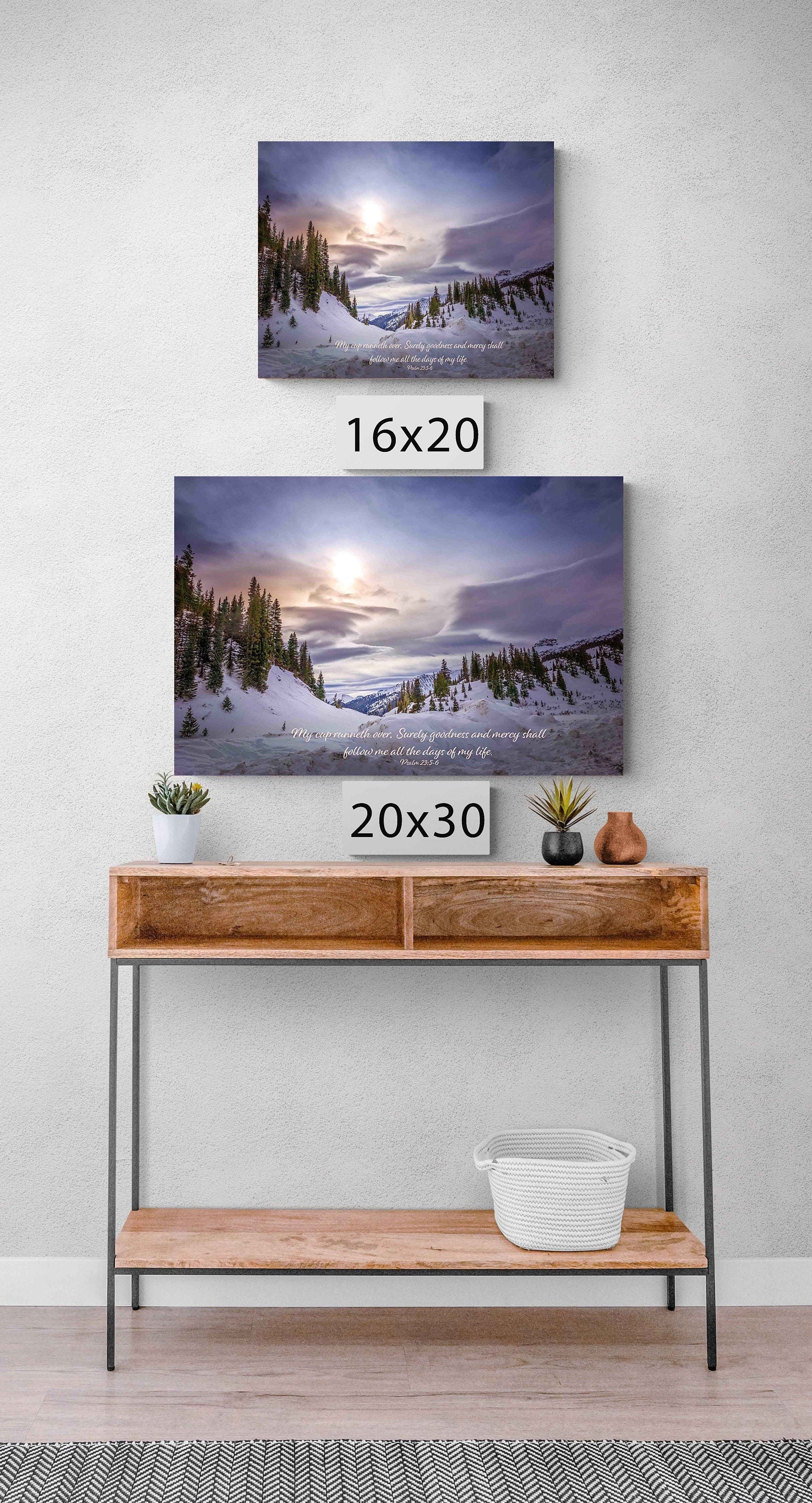 Psalm 23:5-6 Scripture Canvas, Snowy Mountains Scene Bible Verse, Colorado Winter print, Rocky Mountain Landscape Print, Ouray, Silverton