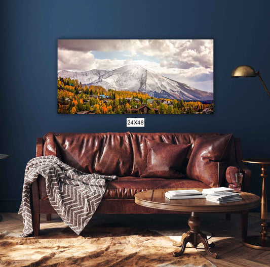 Panoramic Snowy Mountain Peak Landscape Photo, Crested Butte Colorado, Autumn Aspen Trees, Fall Canvas Print, San Juan Rocky Mountains