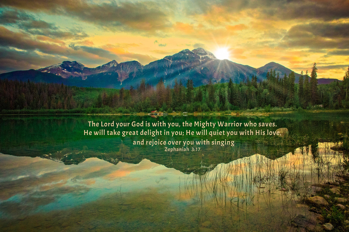 The Lord Your God is With You Bible Verse Photo Canvas, Zephaniah 3:1 Christian Scripture Inspirational Wall Art, Canadian Rockies, Jasper