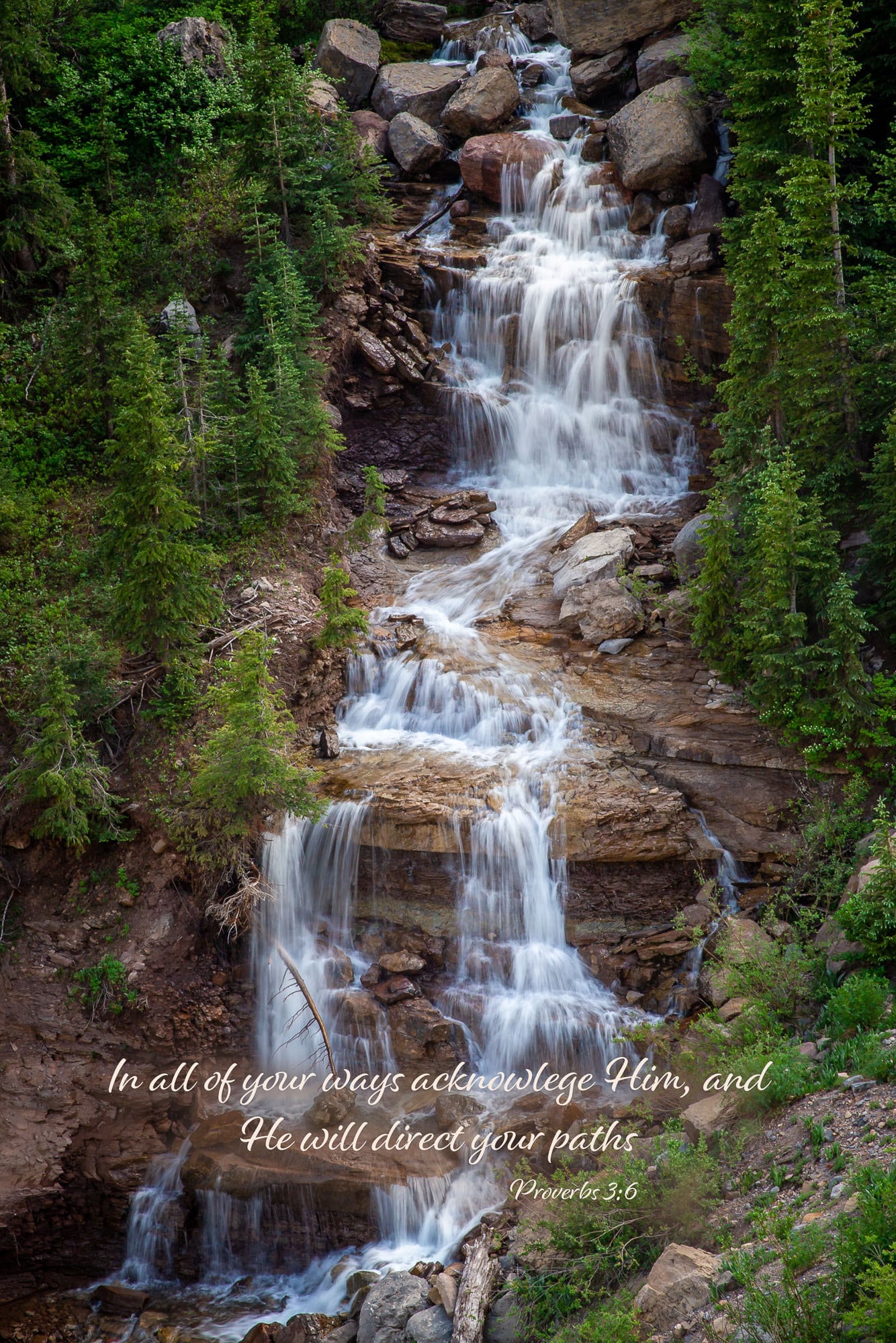 Proverbs 3-6 Scripture Wall Art, Rocky Mountain Waterfall, Christian Inspirational Canvas, Colorado Peaceful Landscape Photography Print