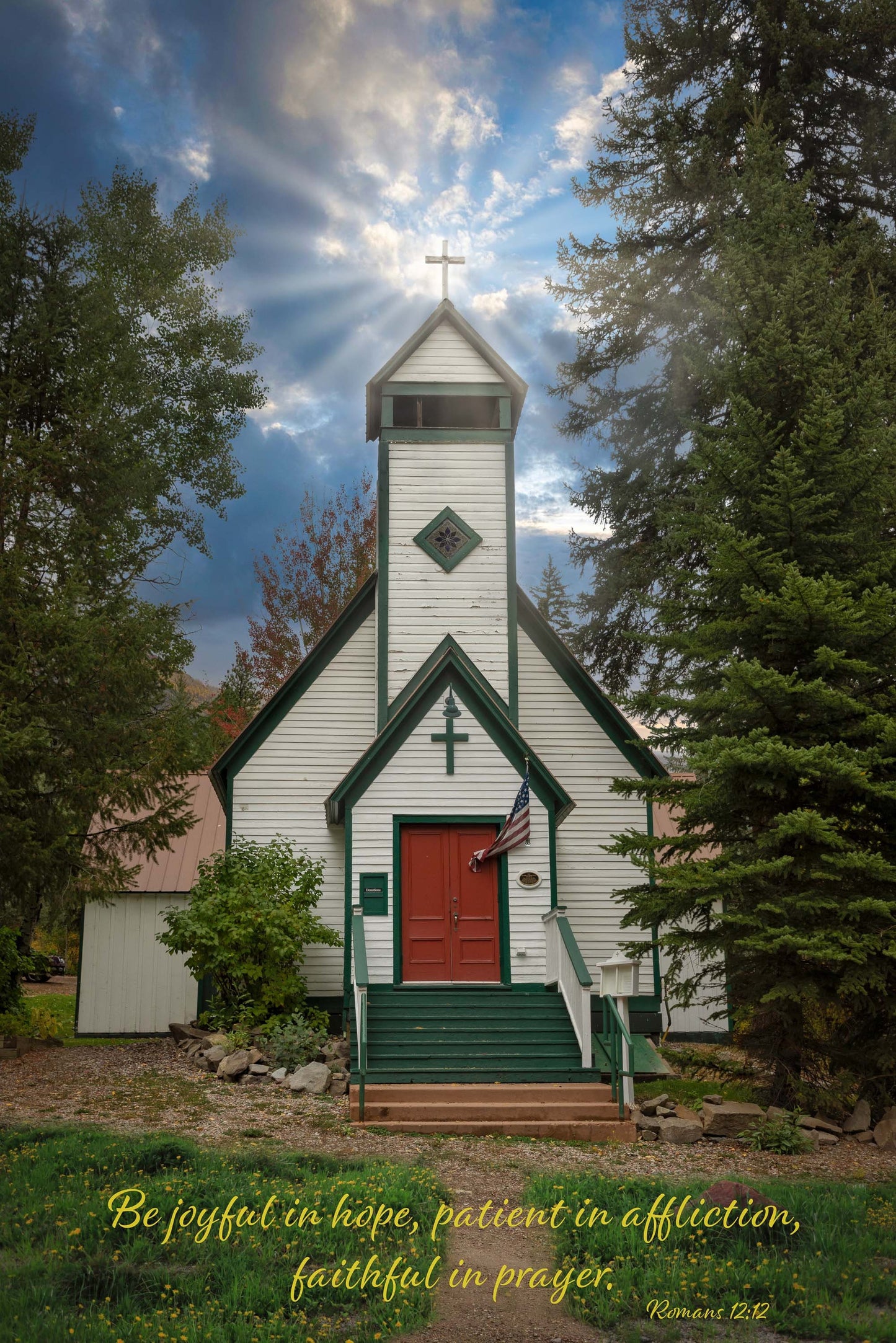 Romans 12:2 Scripture Wall Art, Old Country Church, Christian Inspirational Canvas, Joyful Hope, Colorado Photography Vertical Print