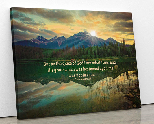 By the Grace of God Bible Verse Photo Canvas, 1 Corinthians 15:11 Christian Scripture Inspirational Wall Art, Canadian Rockies, Jasper Lake