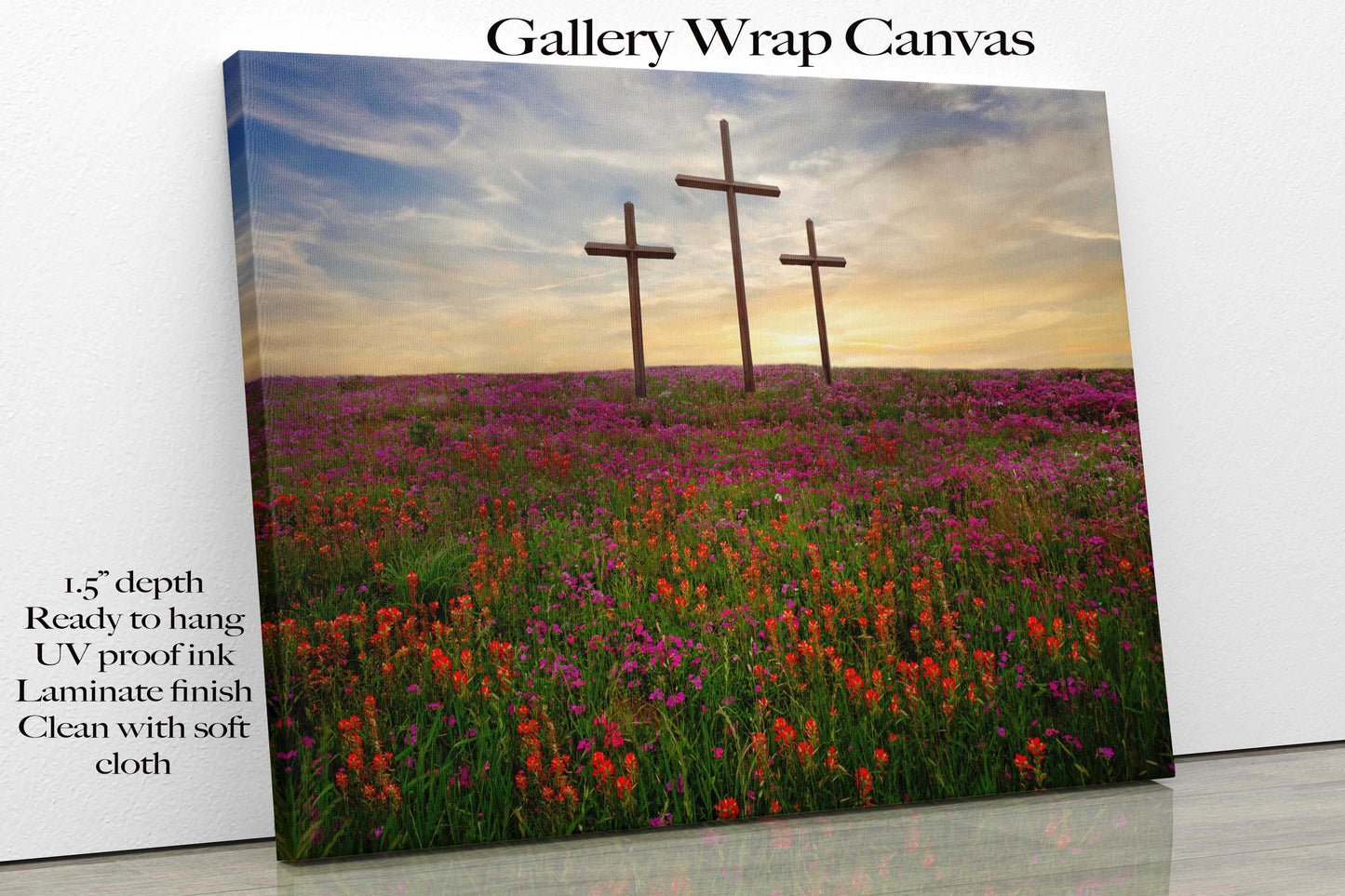 Three Crosses and Wildflowers at Sunset Photo Canvas, Christian Inspirational Print, Texas Scenery Decor, Indian Paintbrushes Wall Art Print