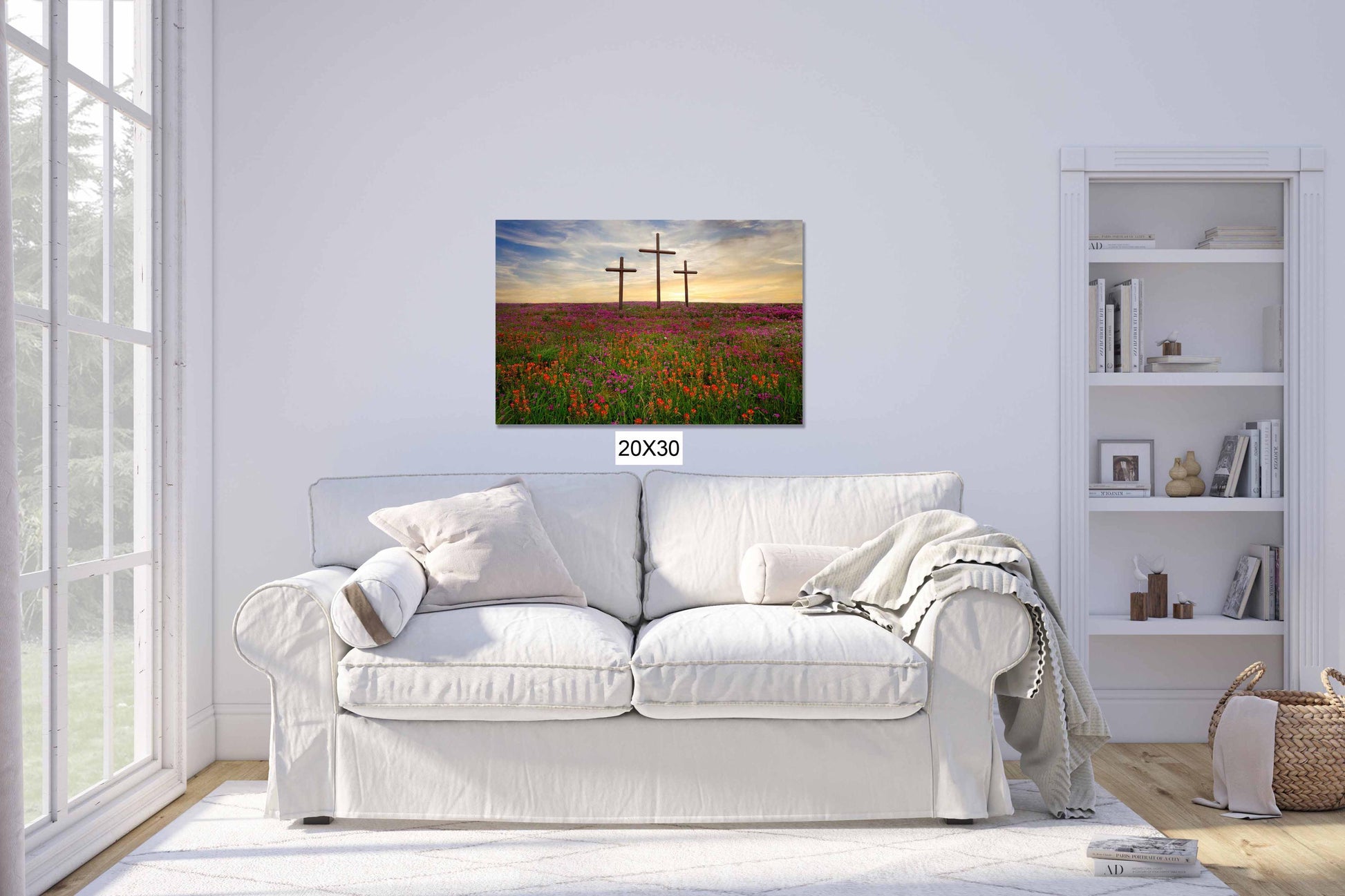 Three Crosses and Wildflowers at Sunset Photo Canvas, Christian Inspirational Print, Texas Scenery Decor, Indian Paintbrushes Wall Art Print