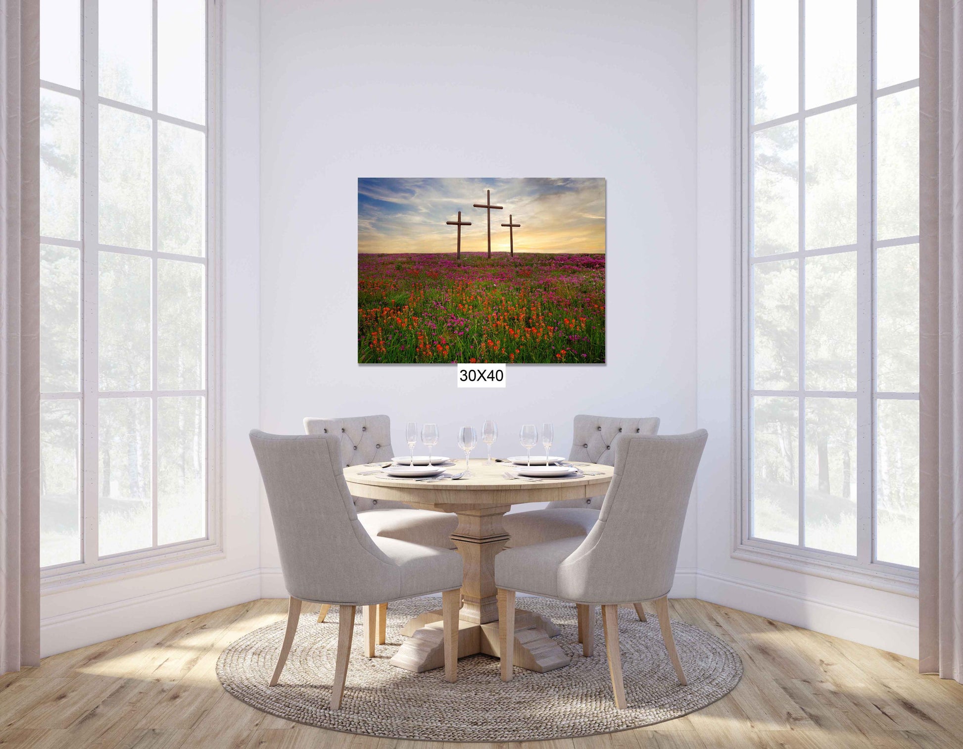 Three Crosses and Wildflowers at Sunset Photo Canvas, Christian Inspirational Print, Texas Scenery Decor, Indian Paintbrushes Wall Art Print