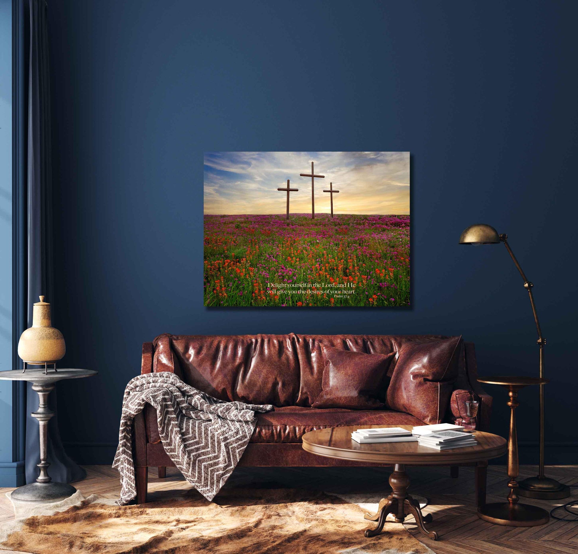 Psalm 37:4 Christian Inspirational Scripture Canvas. Delight Yourselves in the Lord, Three Crosses Photo, Texas Wildflower Landscape