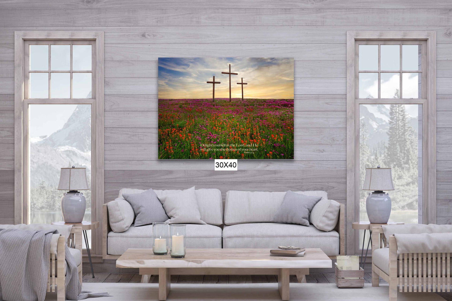 Psalm 37:4 Christian Inspirational Scripture Canvas. Delight Yourselves in the Lord, Three Crosses Photo, Texas Wildflower Landscape