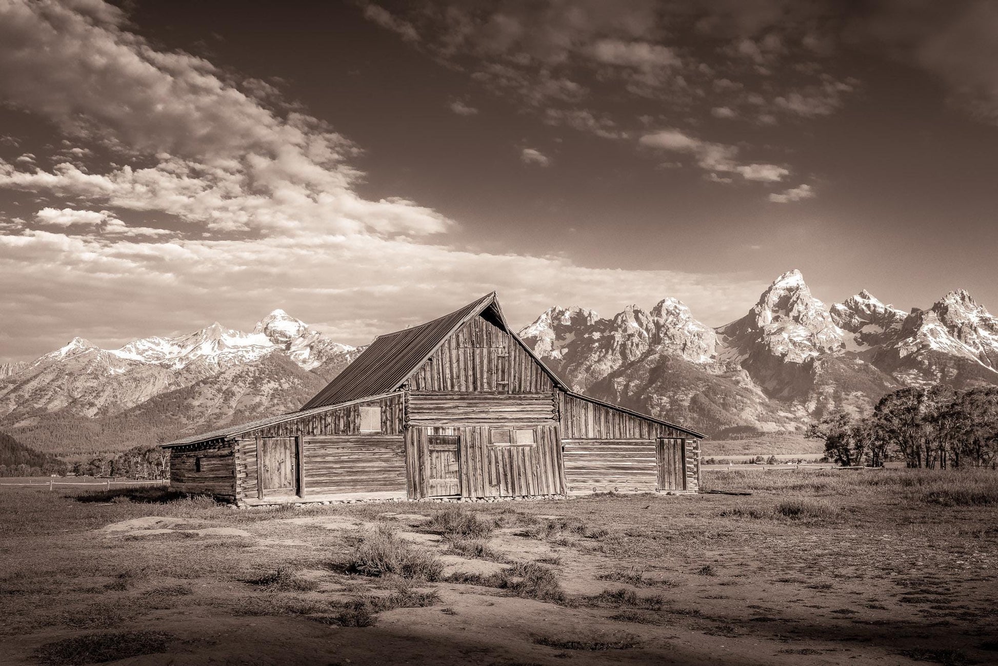 Old Barn Sepia Photo Print, Black White Grand Teton National Park Photo, Wyoming Mountain Landscape, Large Canvas Wall Art, Historic Decor