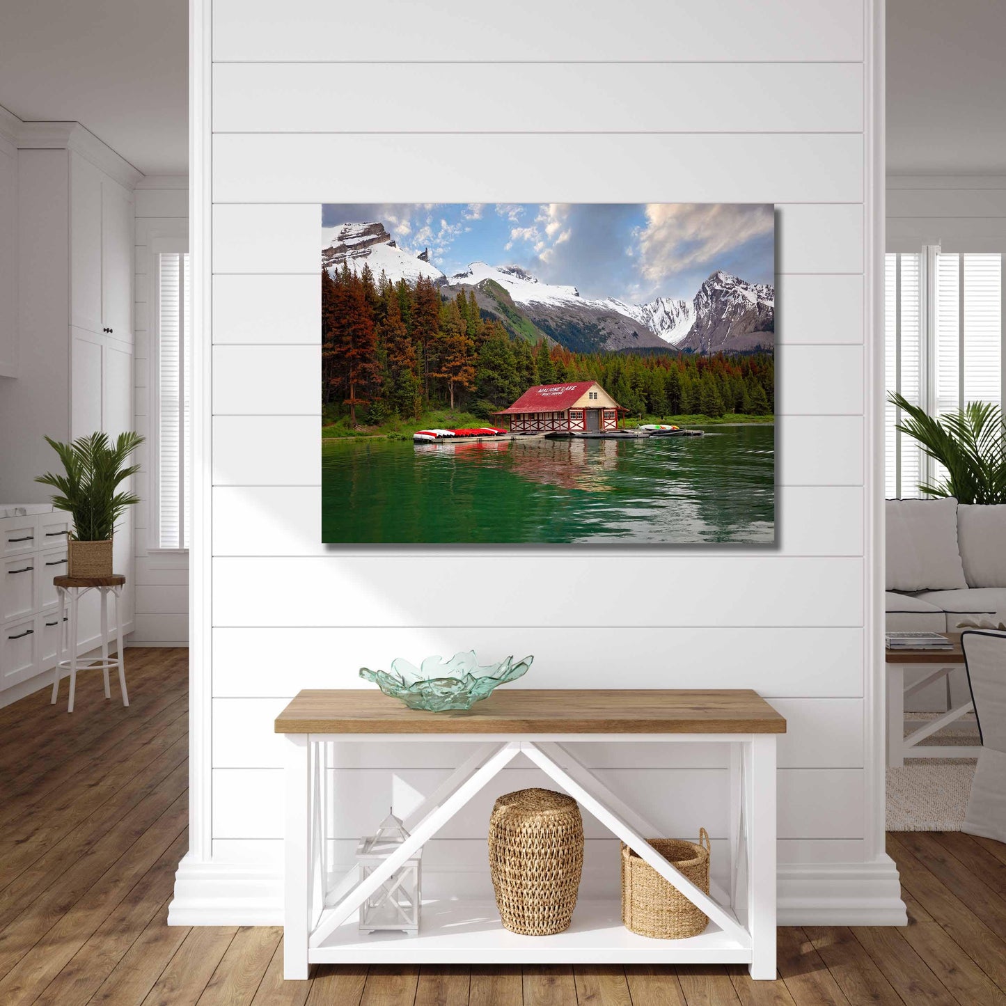 Jasper National Park Landscape Photo Print, Maligne Lake Boat House, Canadian Rockies, Alberta Canada, Banff, Large Canvas Wall Art