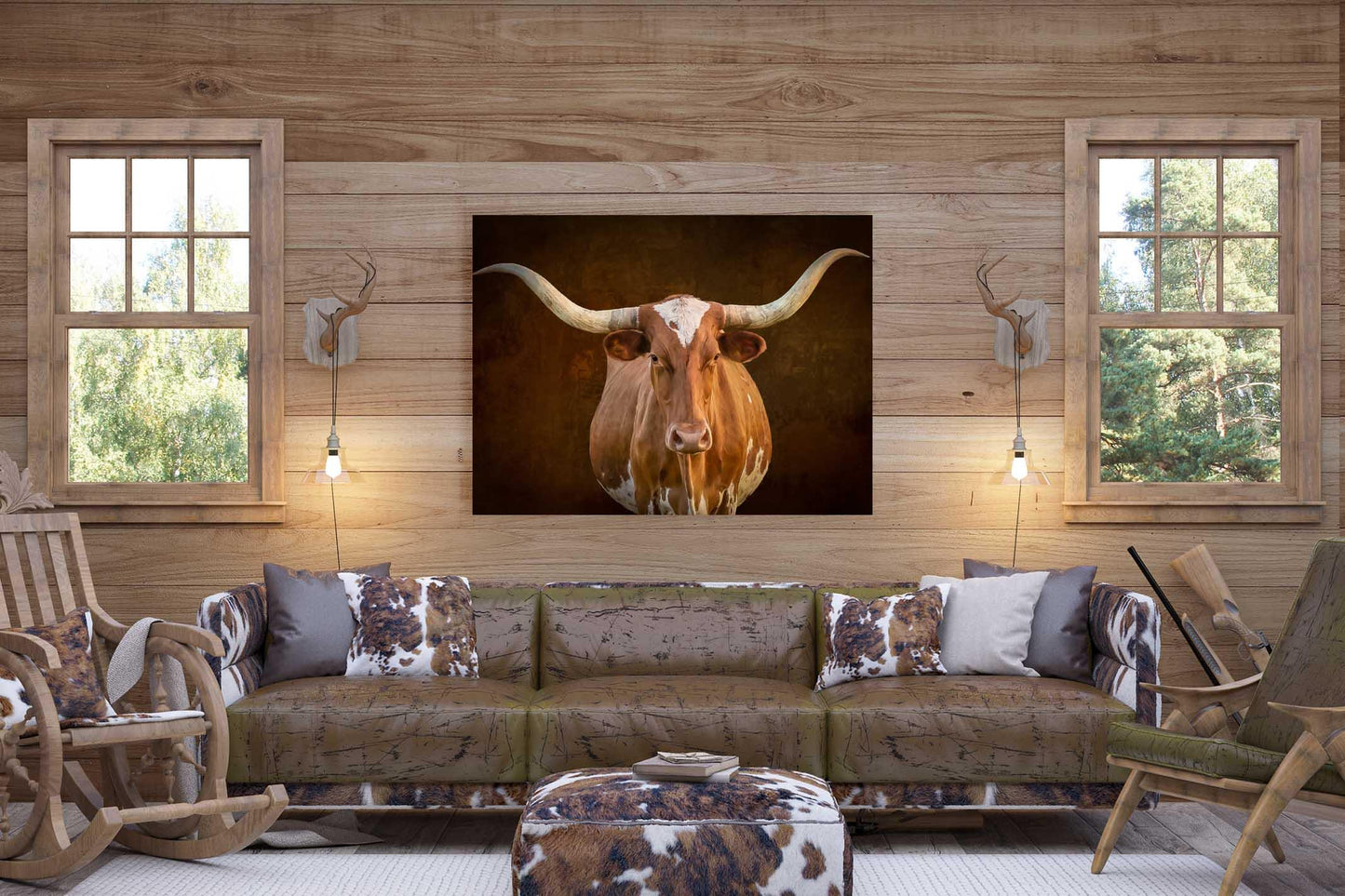 Texas Longhorn Cow Wall Art, Western Rustic Decor, Canvas Print for Home or Office, Farm and Ranch