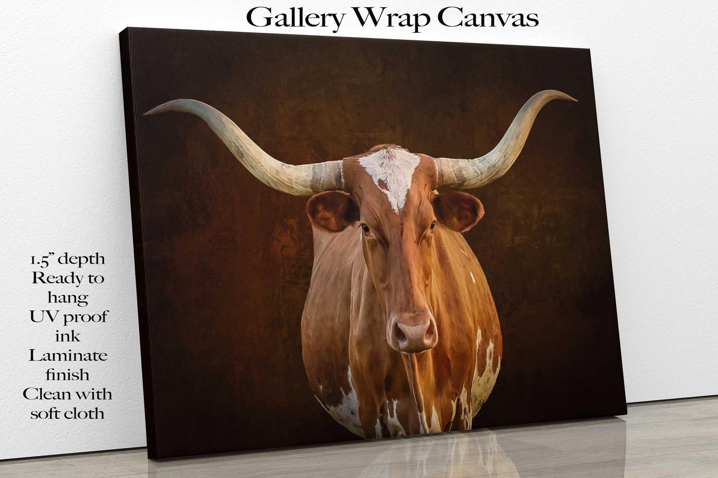 Texas Longhorn Cow Wall Art, Western Rustic Decor, Canvas Print for Home or Office, Farm and Ranch